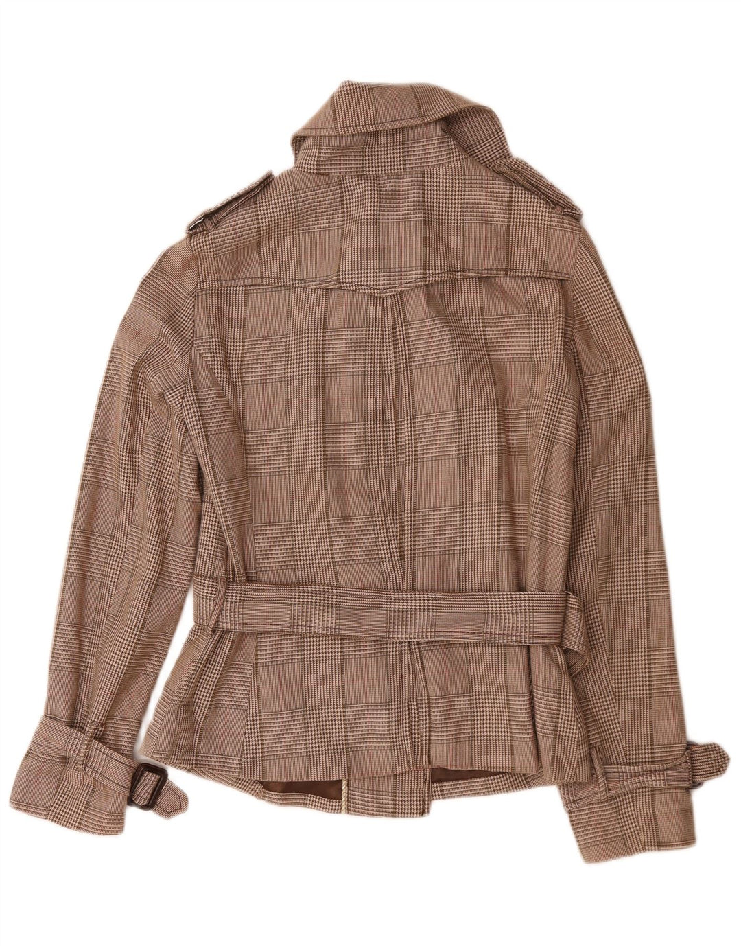 PEPE Jeans Womens Belted Pea Coat UK 14 Medium Brown Houndstooth Cotton