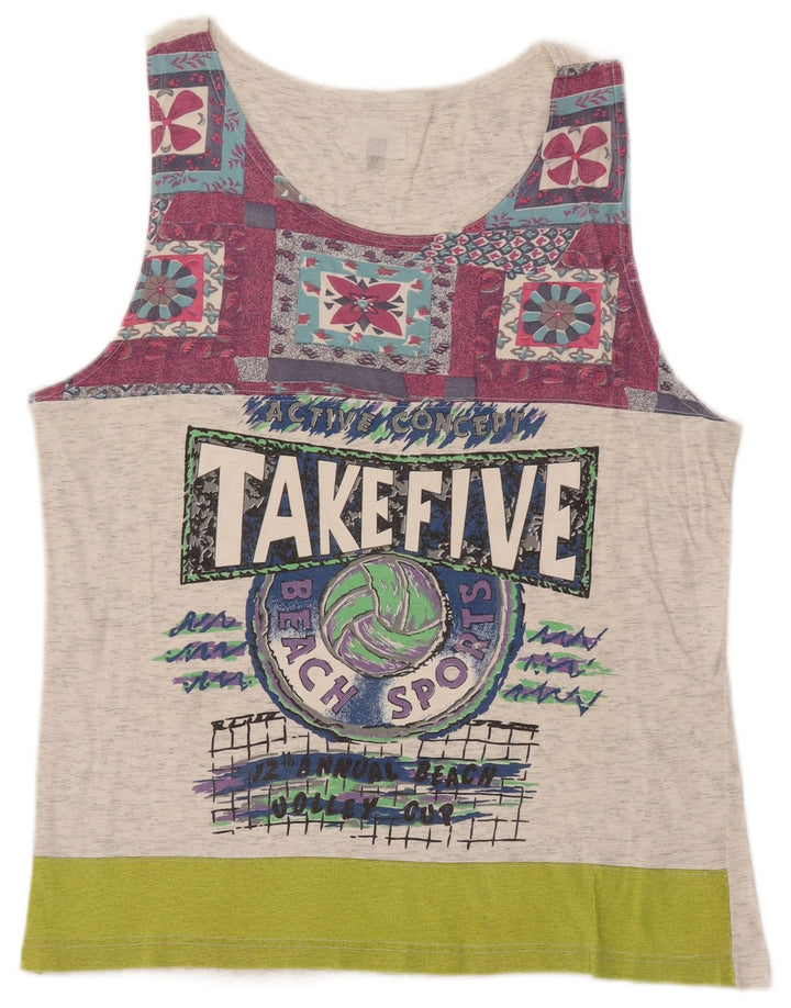 TAKE FIVE Mens Graphic Vest Top Medium Grey Colourblock Cotton