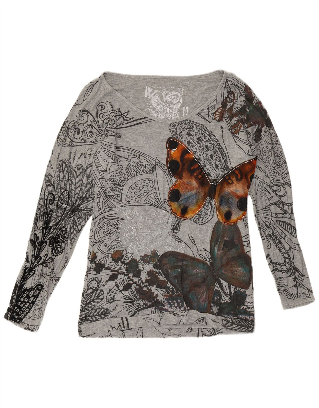 DESIGUAL Womens Graphic T-Shirt Top UK 14 Medium Grey Butterfly Vintage Desigual and Second-Hand Desigual from Messina Hembry 
