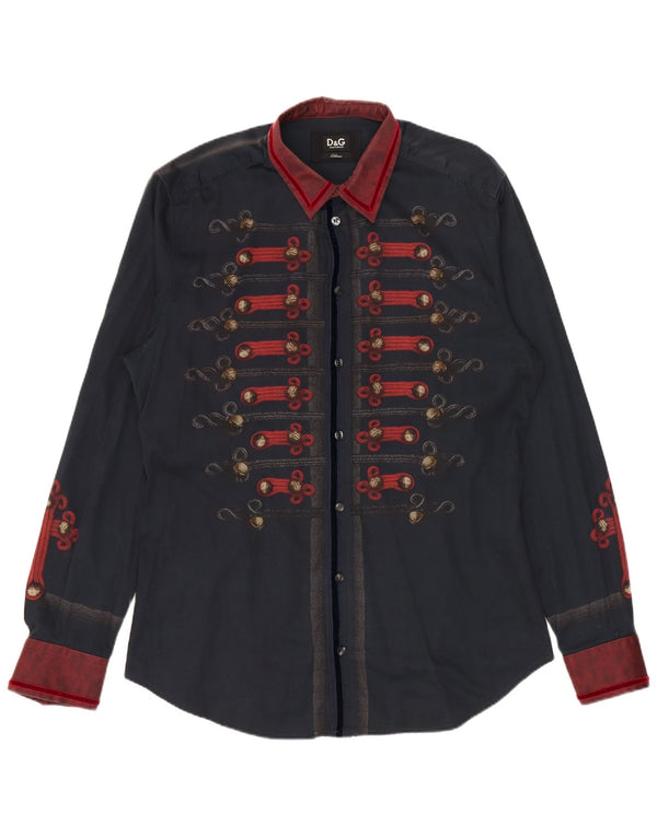 DOLCE & GABBANA Mens Graphic Shirt Size 52 Large Navy Blue Colourblock