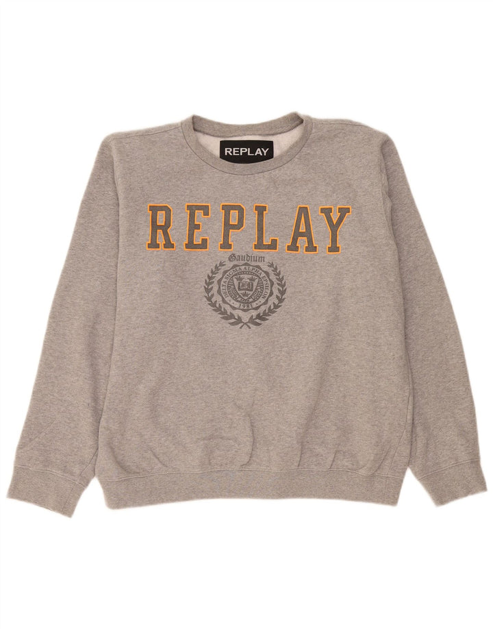 Replay Mens Graphic Sweatshirt Jumper Large Grey Flecked Cotton