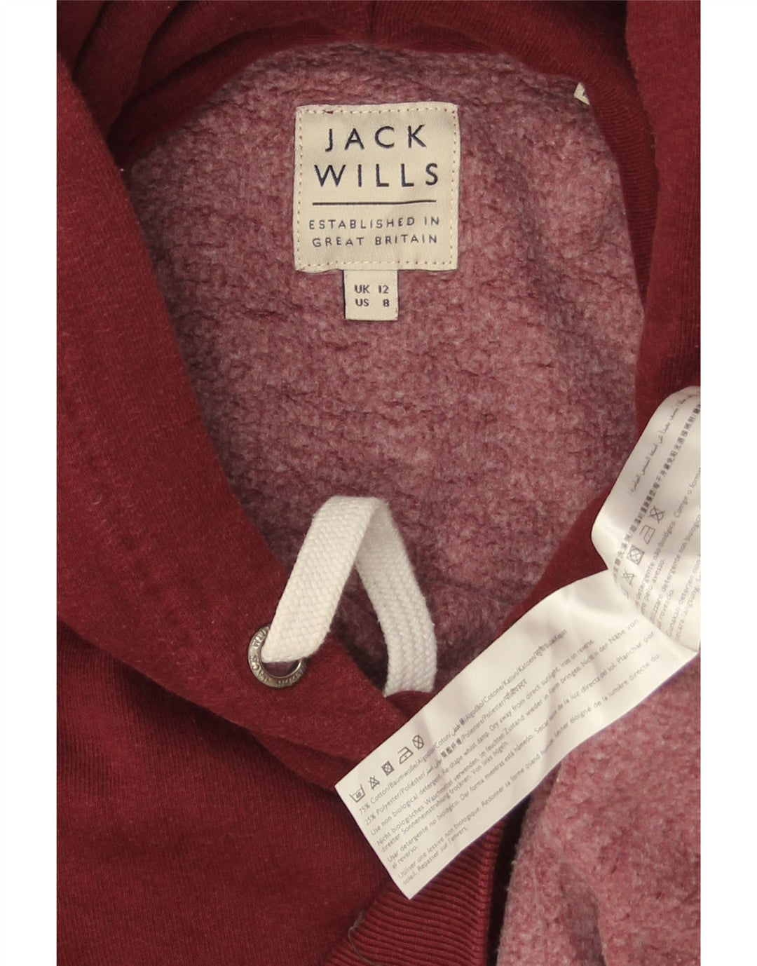 JACK WILLS Womens Graphic Hoodie Jumper UK 12 Medium Burgundy Cotton
