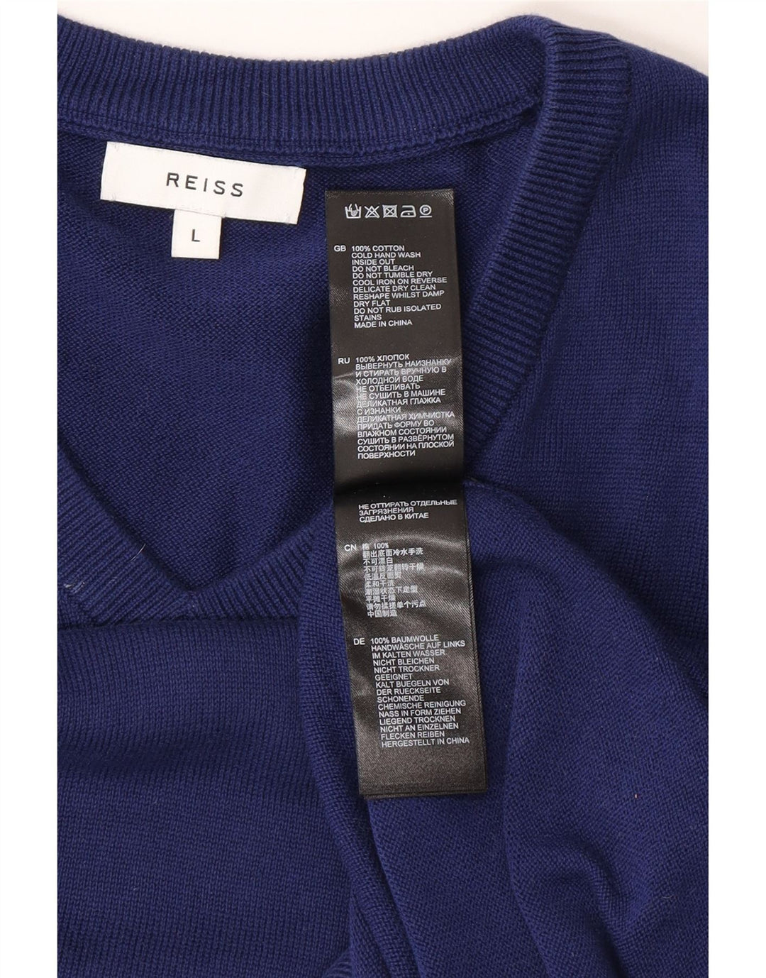 REISS Mens V-Neck Jumper Sweater Large Blue Cotton