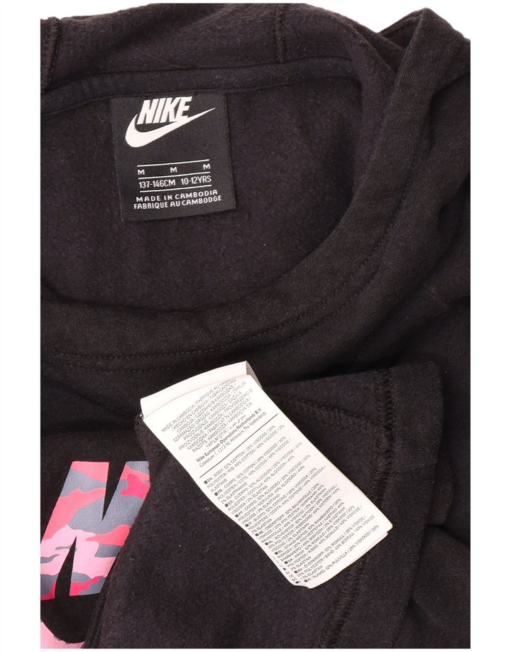 NIKE Girls Graphic Hoodie Jumper 10-11 Years Medium Black Cotton