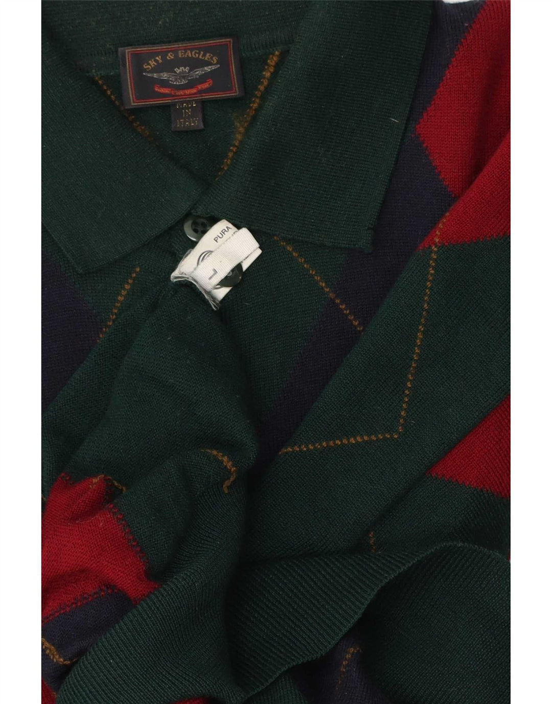 Sky & Eagle Mens Polo Neck Jumper Sweater Large Green Argyle/Diamond