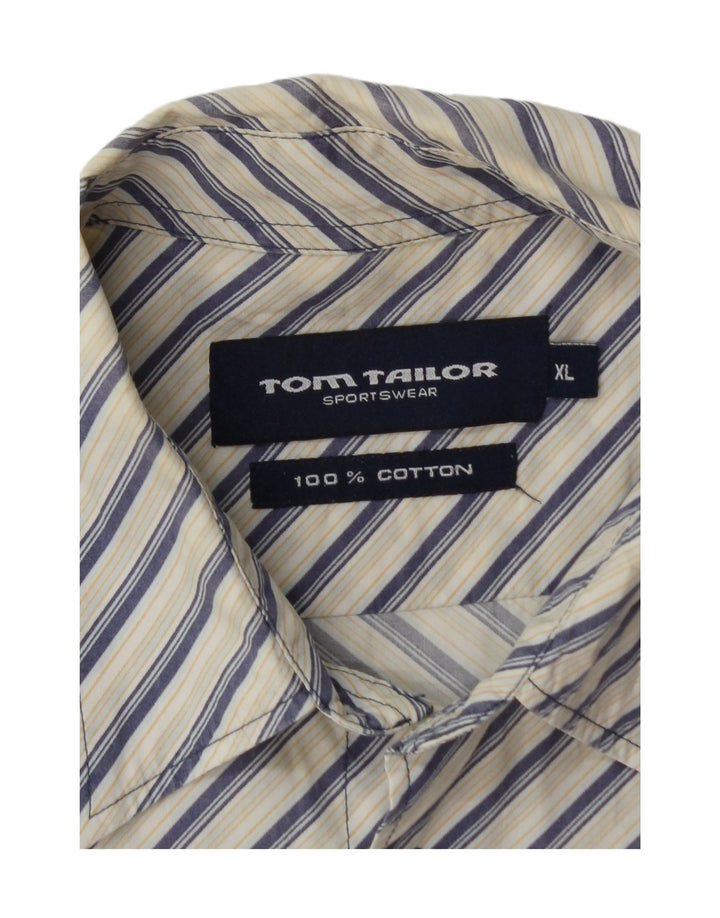 TOM TAILOR Mens Short Sleeve Shirt XL White Striped Cotton