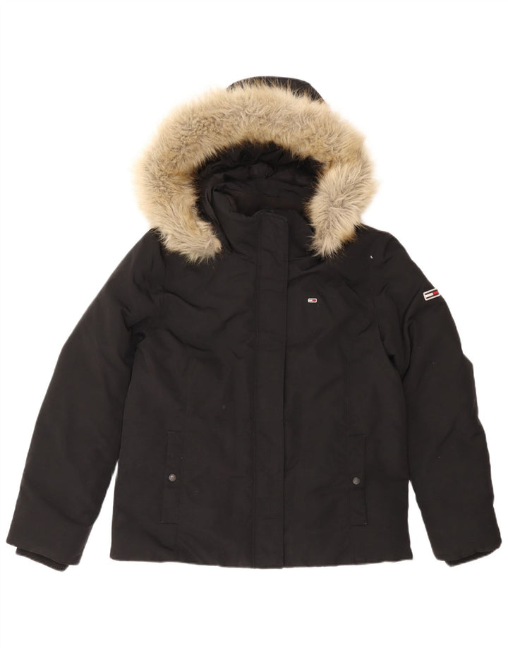 Tommy Hilfiger Womens Hooded Padded Jacket UK 16 Large Black Polyamide
