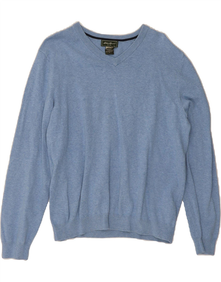 EDDIE BAUER Mens V-Neck Jumper Sweater Medium Blue Cotton Vintage Eddie Bauer and Second-Hand Eddie Bauer from Messina Hembry 