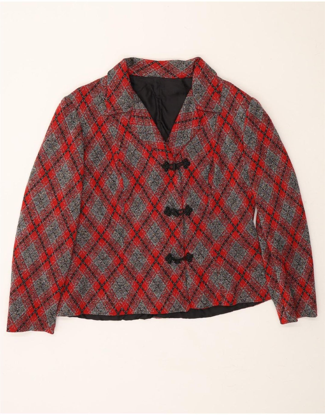 VINTAGE Womens Duffle Blazer Jacket UK 14 Medium Red Argyle/Diamond Vintage Vintage and Second-Hand Vintage from Messina Hembry 