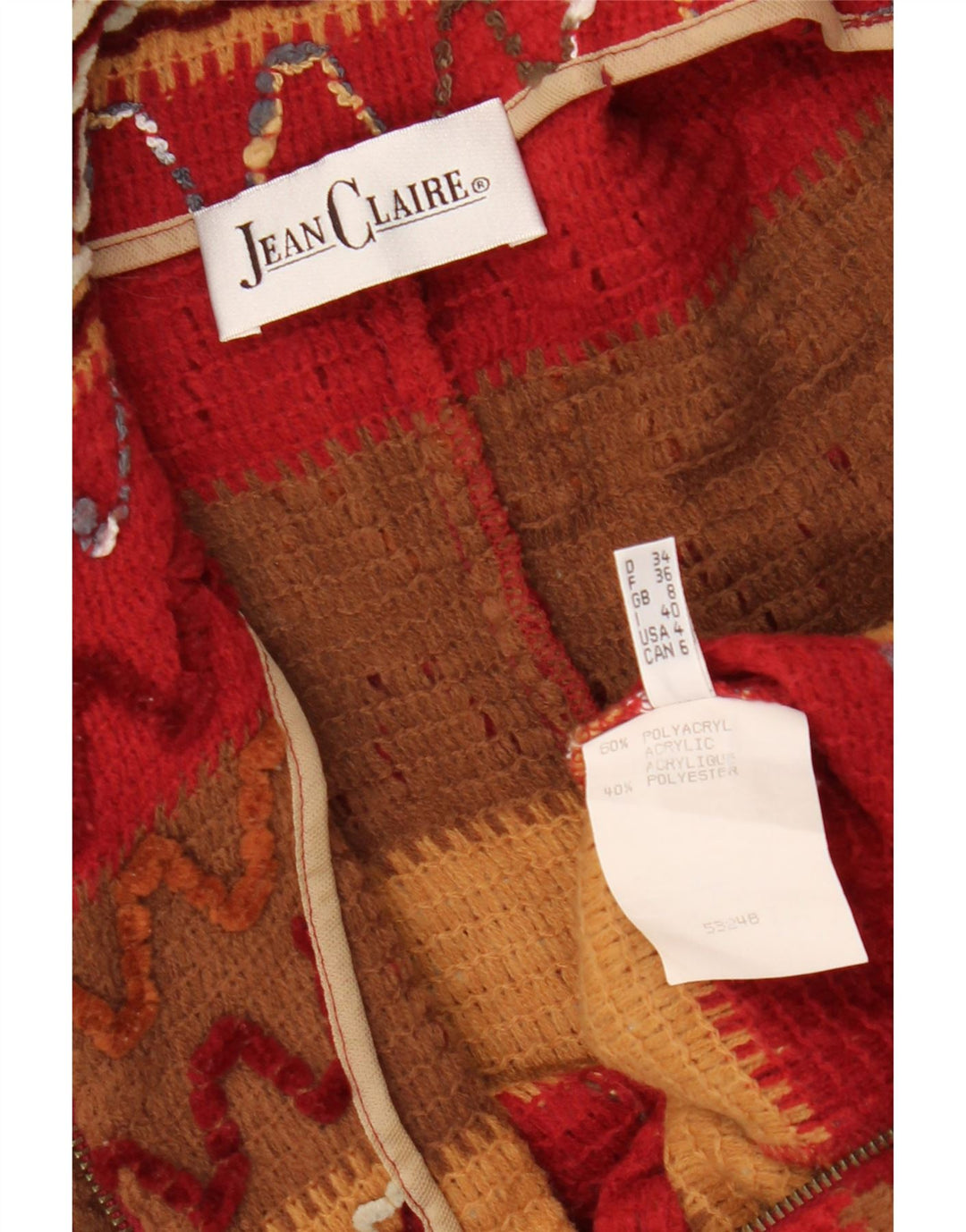 JEAN CLAIRE Womens Cardigan Sweater UK 8 Small Red Striped Acrylic