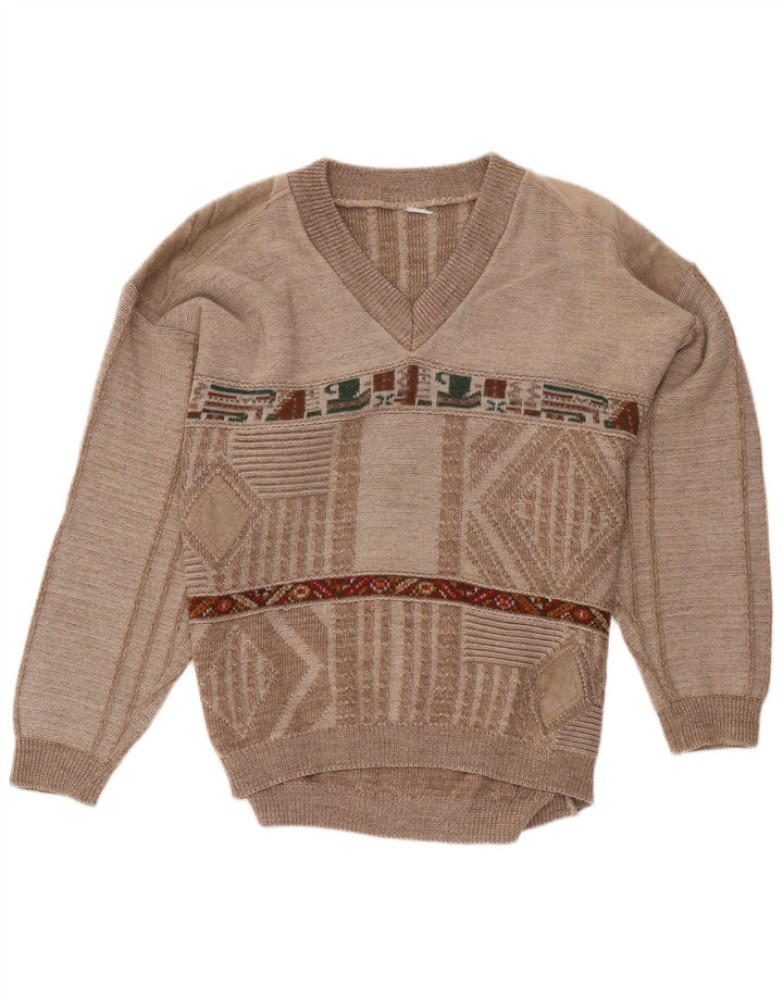 VINTAGE Mens V-Neck Jumper Sweater Medium Brown Geometric