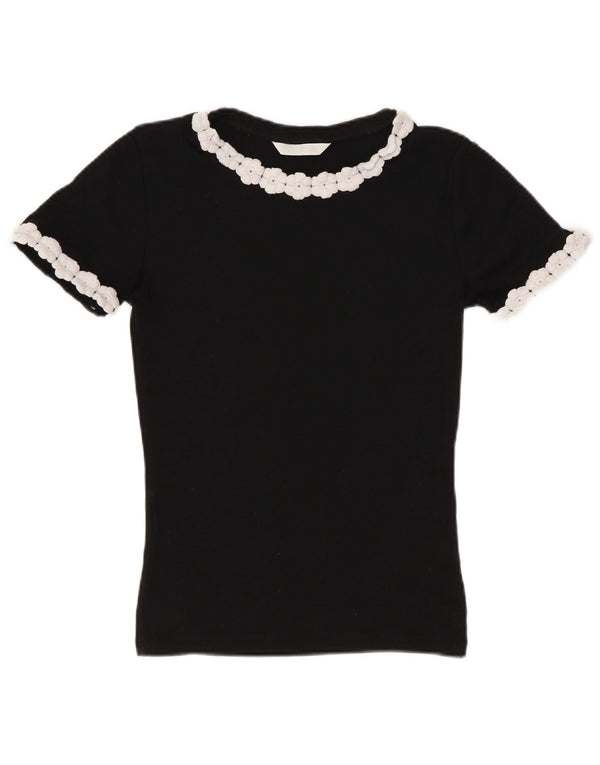 Zara Womens Crop T-Shirt Top UK 8 Small Black Floral Cotton