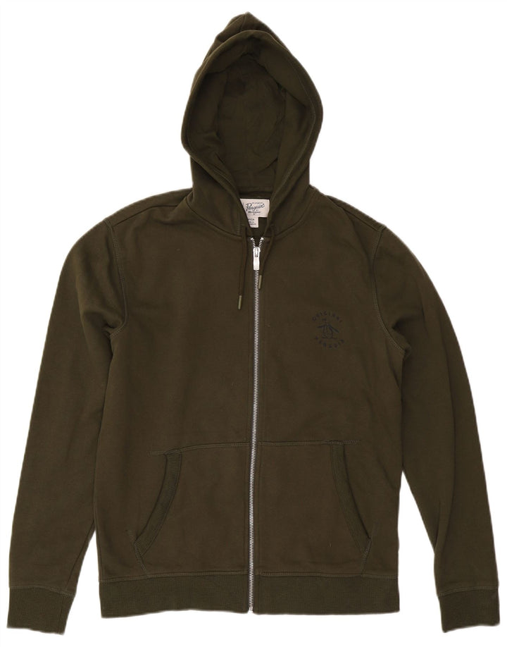 PENGUIN Mens Zip Hoodie Sweater Small Khaki Cotton