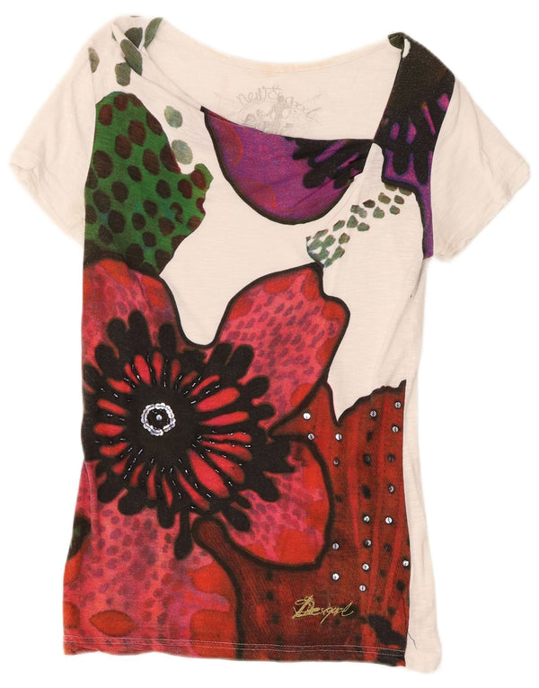 Desigual Womens Graphic T-Shirt Top UK 12 Medium White Floral
