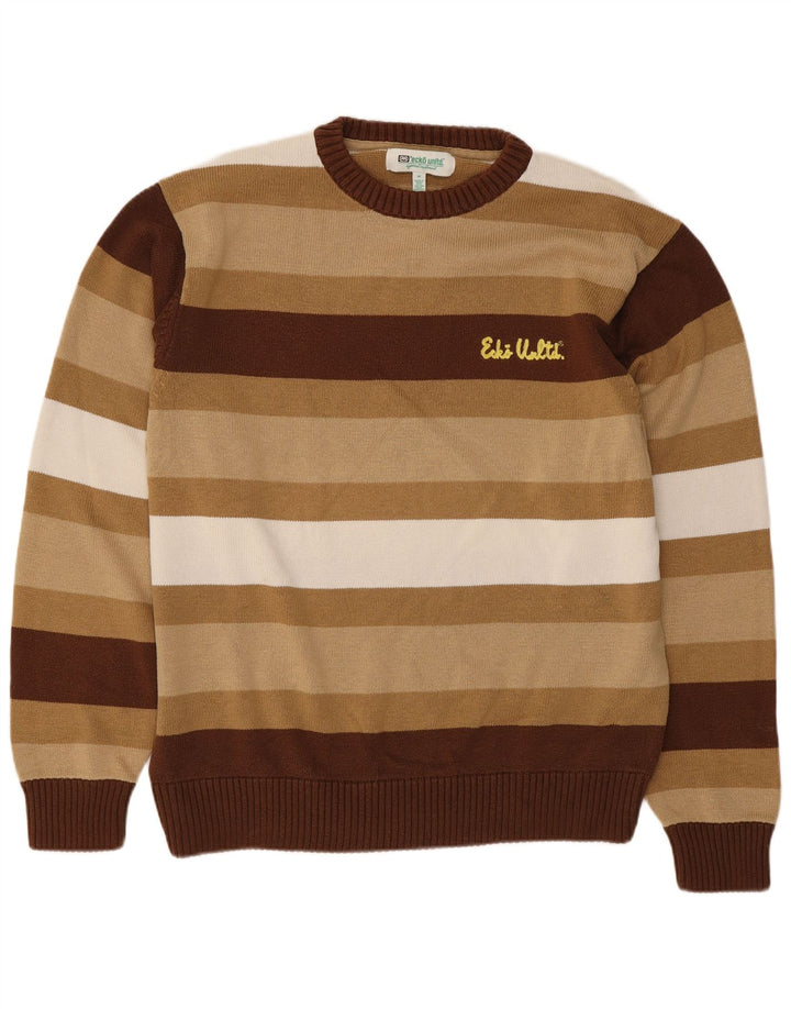 Ecko Unltd Mens Crew Neck Jumper Sweater Medium Brown Striped Cotton