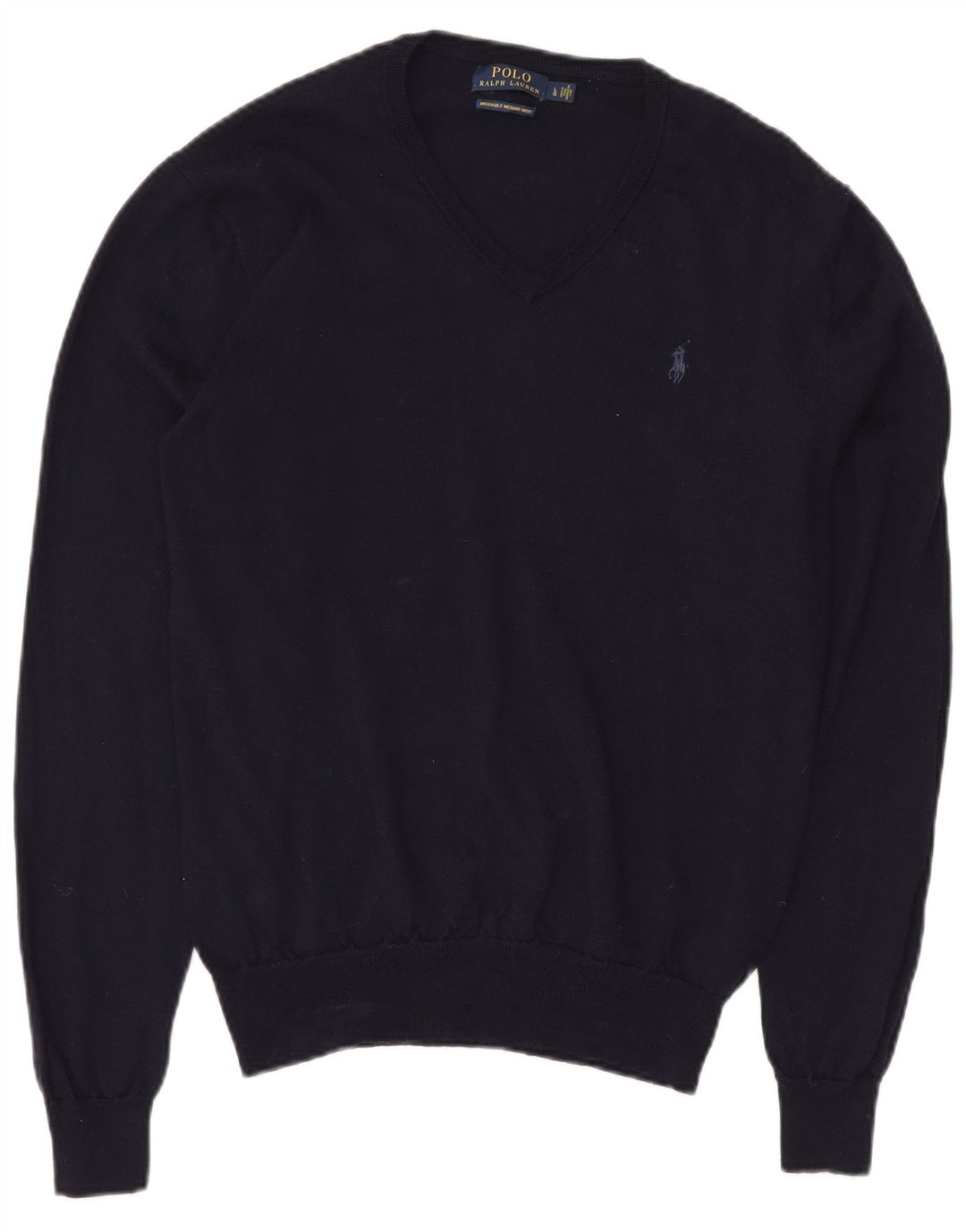 Polo Ralph Lauren Mens V-Neck Jumper Sweater Large Navy Blue Merino Wool
