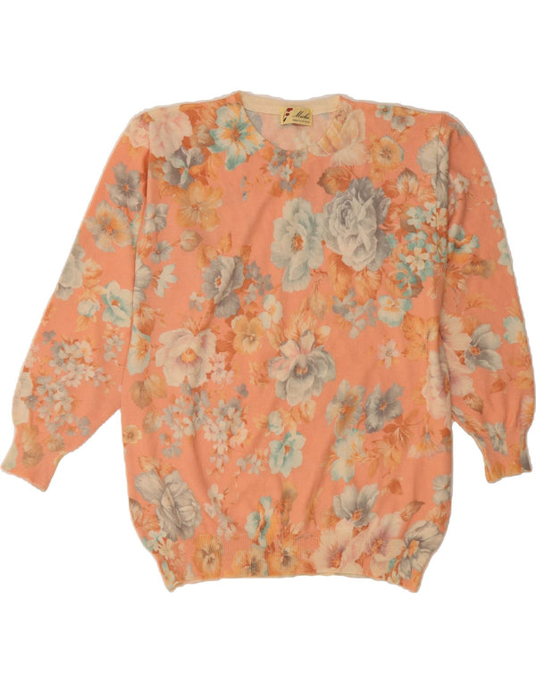 VINTAGE Womens Crew Neck Jumper Sweater UK 18 XL Pink Floral Wool