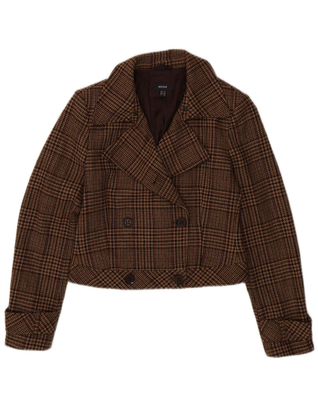 Mexx Womens Crop Pea Coat UK 14 Large Brown Houndstooth Virgin Wool