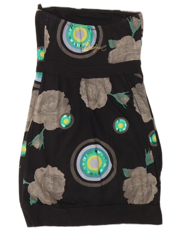 Desigual Womens Graphic Strapless Dress UK 8 Small Black Floral Cotton