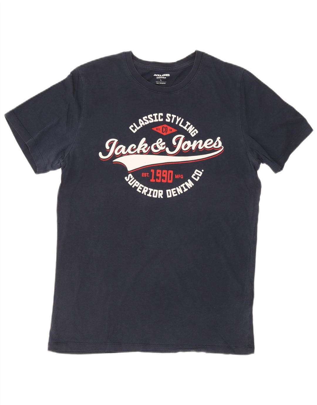 Jack & Jones Mens Graphic T-Shirt Top Large Navy Blue Cotton