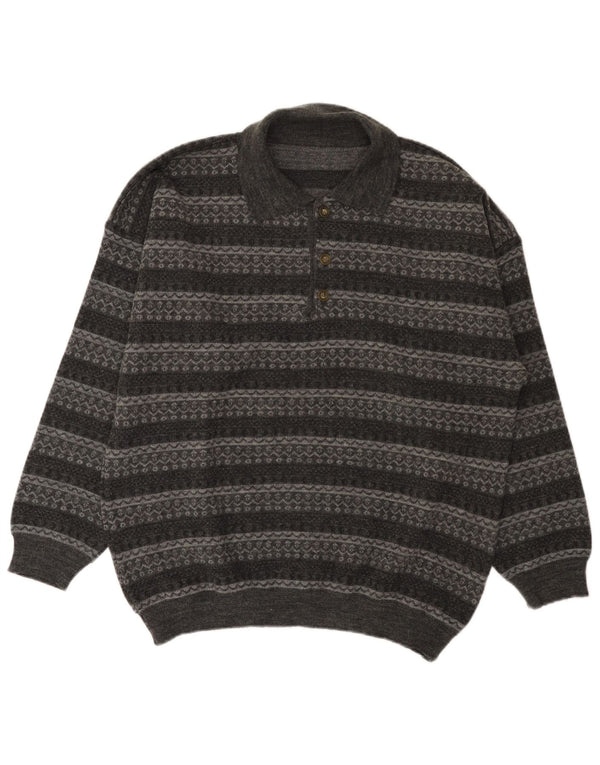 Vintage Mens Polo Neck Jumper Sweater Large Grey Striped