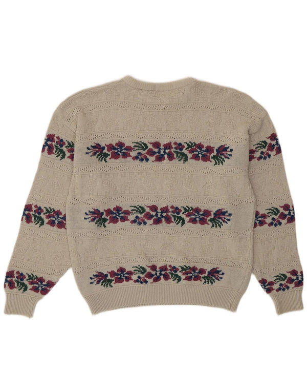 Vintage Womens Crew Neck Jumper Sweater UK 16 Large Beige Floral Acrylic