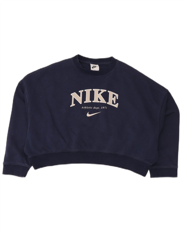 NIKE Girls Crop Oversized Sweatshirt Jumper 10-11 Years Medium Navy Blue