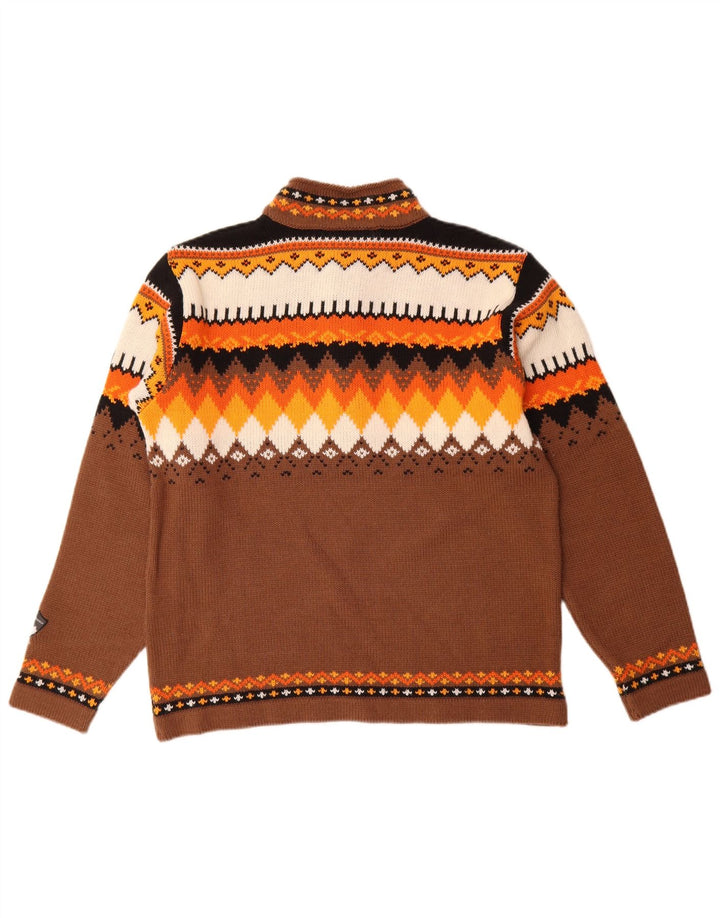 Campagnolo Mens Zip Neck Jumper Sweater Medium Brown Geometric Wool