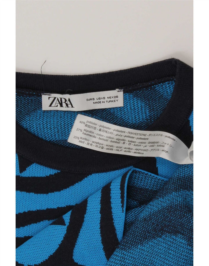 Zara Womens Abstract Pattern Crop Top Long Sleeve UK 8 Small Blue Polyester