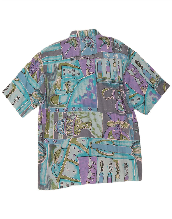 Vintage Mens Abstract Pattern Short Sleeve Shirt XL Turquoise
