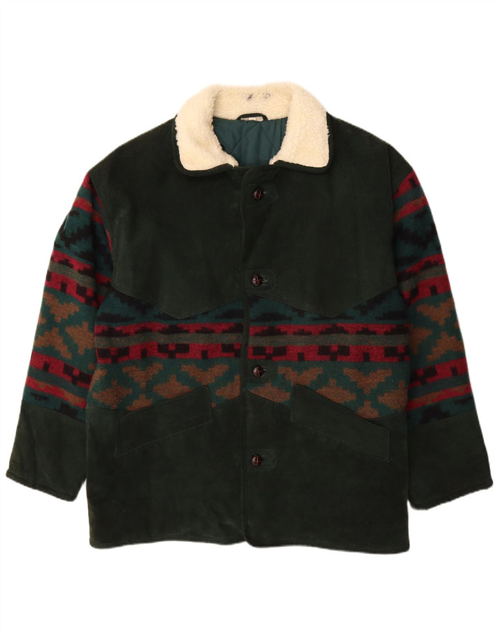 Vintage Mens Suede Jacket UK 42 XL Khaki Geometric Wool