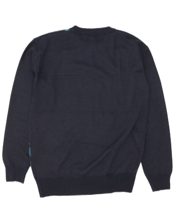 Vintage Mens Crew Neck Jumper Sweater Large Navy Blue Argyle/Diamond Wool