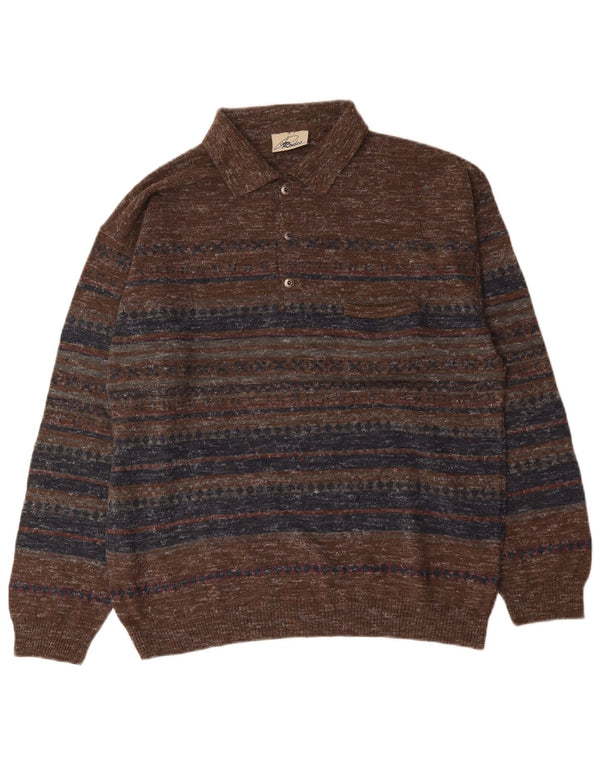 Rodes Mens Polo Neck Jumper Sweater Large Brown Striped Wool