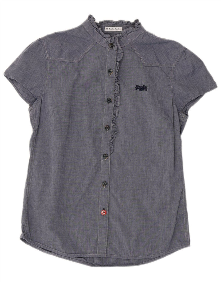 SUPERDRY Womens Ruffle Front Shirt Blouse UK 12 Medium Navy Blue