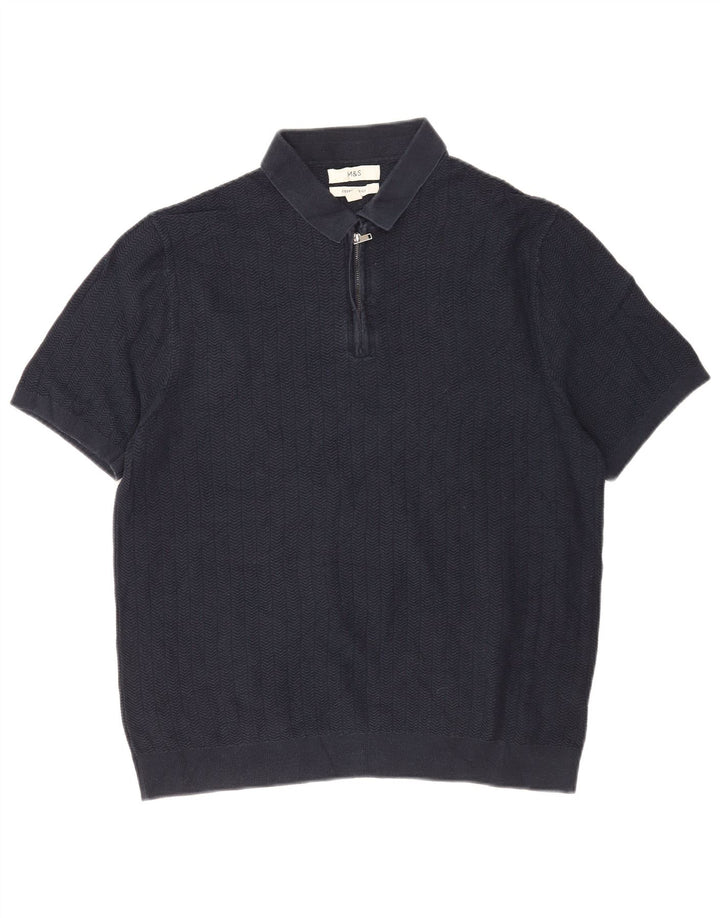 Marks & Spencer Mens Polo Neck Jumper Sweater Large Navy Blue Herringbone