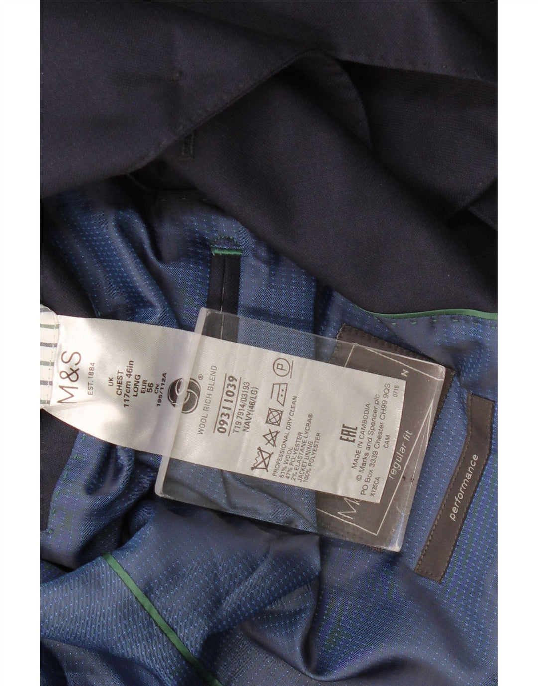 Marks & Spencer Mens 2 Button Blazer Jacket UK 46 3XL Navy Blue Classic