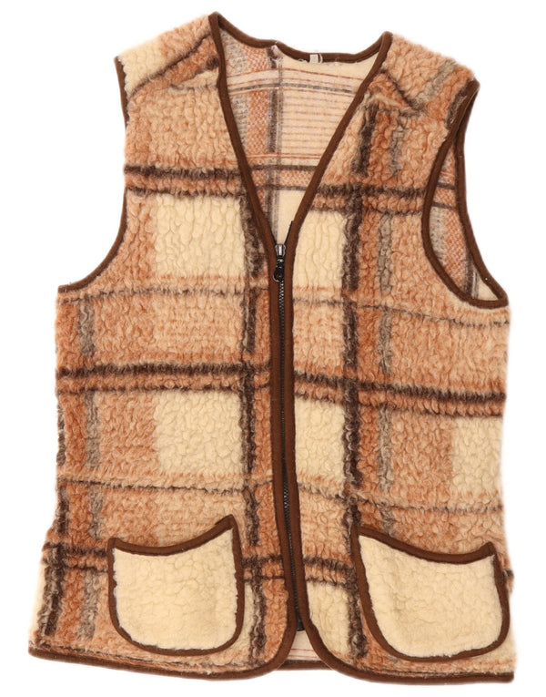 Vintage Womens Fleece Gilet UK 10 Small Brown Check