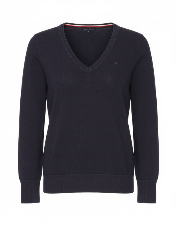 Tommy Hilfiger Womens V-Neck Jumper Sweater UK 12 Medium Navy Blue Cotton