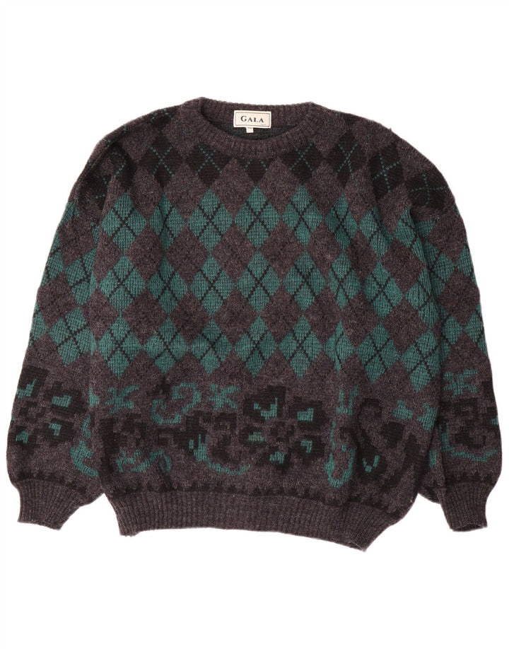Gala Mens Boat Neck Jumper Sweater XL Grey Argyle/Diamond Wool