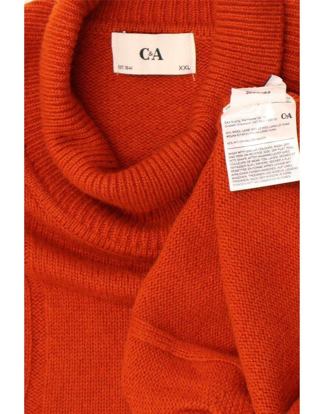 C&A Mens Roll Neck Jumper Sweater 2XL Orange Wool