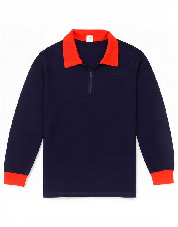 Vintage Mens Long Sleeve Rugby Polo Shirt Large Navy Blue Colourblock