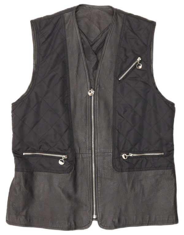 Vintage Womens Quilted Leather Gilet UK 12/14 Medium Navy Blue
