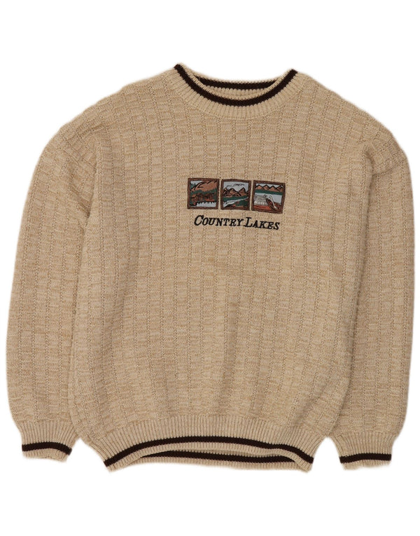 VINTAGE Mens Graphic Crew Neck Jumper Sweater IT 52 XL Beige Polyacrylic