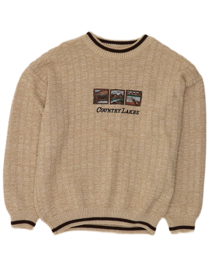 VINTAGE Mens Graphic Crew Neck Jumper Sweater IT 52 XL Beige Polyacrylic