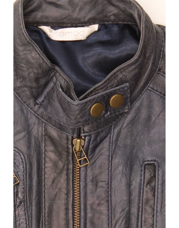 Promod Womens Leather Jacket UK 14 Medium Navy Blue