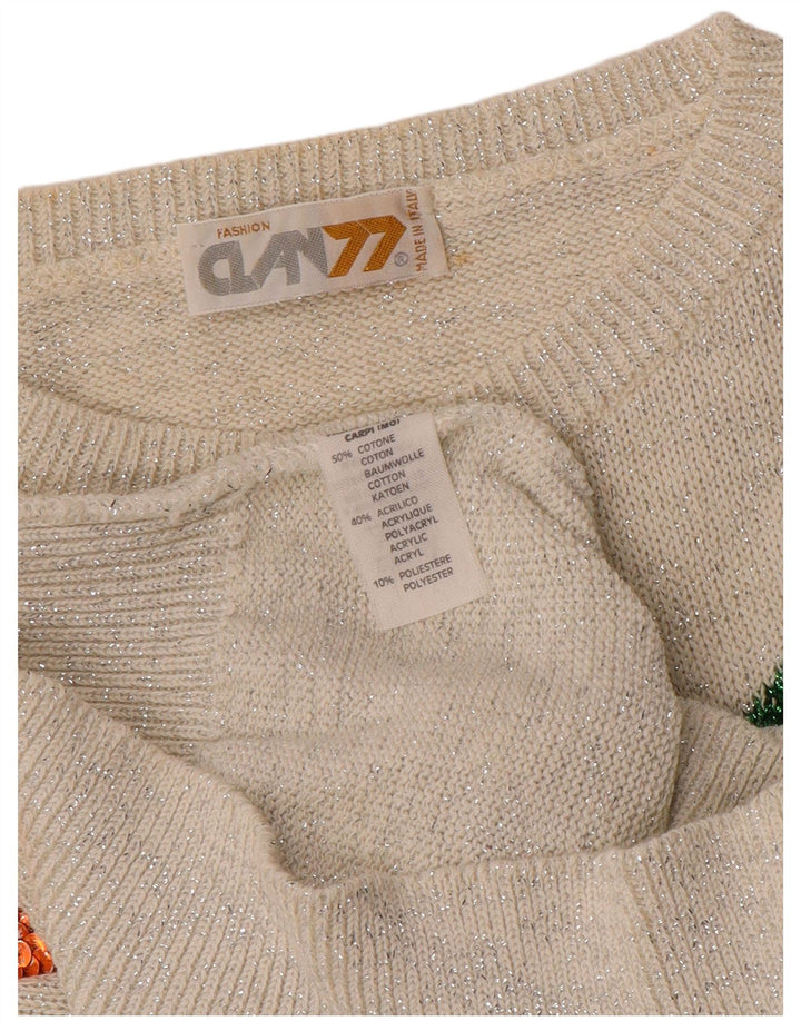 VINTAGE Womens Boat Neck Jumper Sweater UK 16 Large Off White Floral