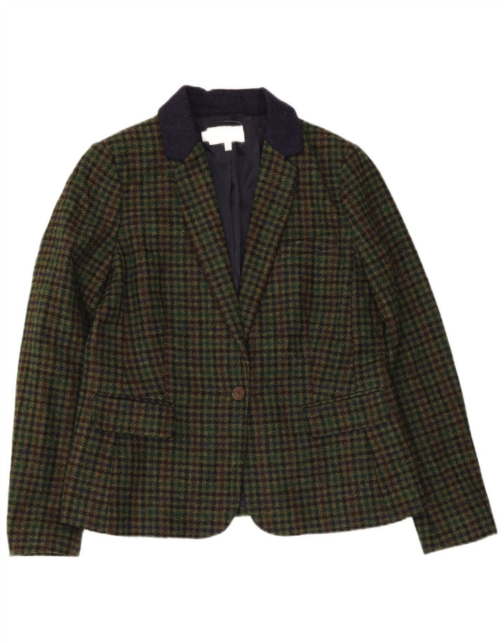 Hobbs Womens 1 Button Blazer Jacket UK 14 Large Green Houndstooth Wool
