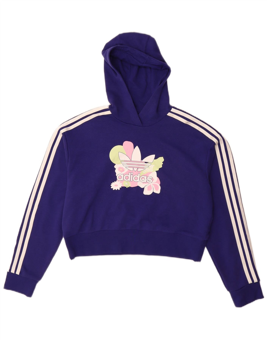 ADIDAS Girls Crop Graphic Hoodie Jumper 13-14 Years Purple Floral Cotton