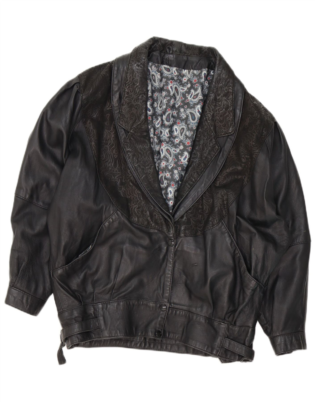 VINTAGE Womens Leather Jacket UK 18 XL Black Paisley