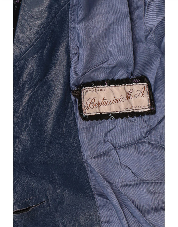 Vintage Womens Leather Jacket UK 14 Large Blue Floral Retro